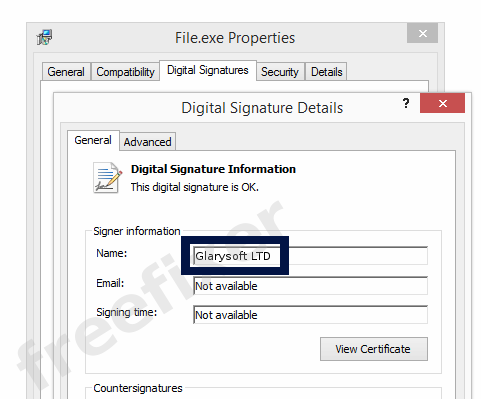 Screenshot of the Glarysoft LTD certificate